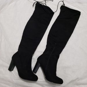 Black Faux Suede Over The Knee High Heeled Boots